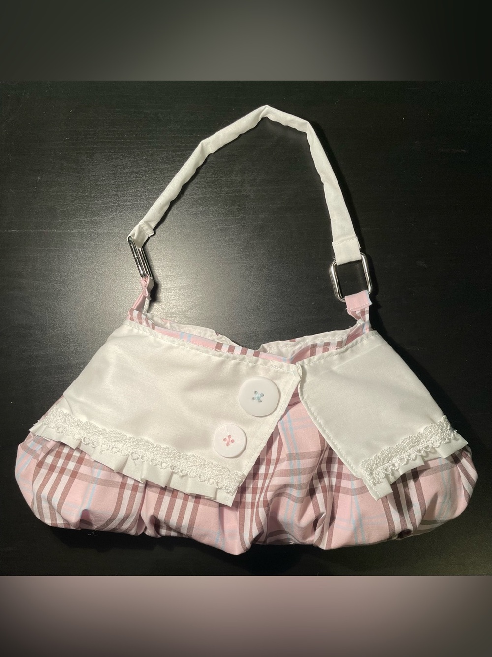 Pink Plaid Ruffle Shoulder Bag with White Lace Details